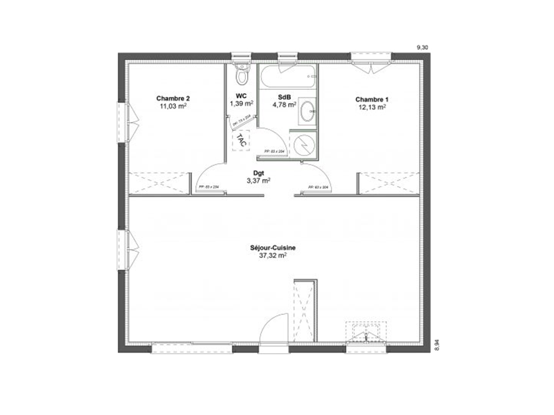 Plan modèle Mercure - Maison T3 de 70m²